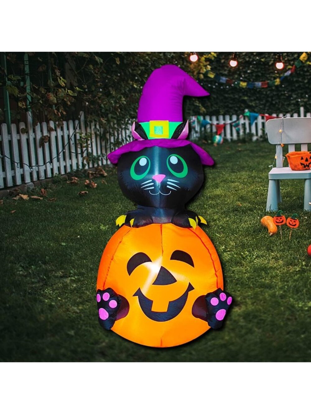 🎃4 FT Inflatable Halloween Black Cat & Pumpkin Blow Up Yard Outdoor Decorations